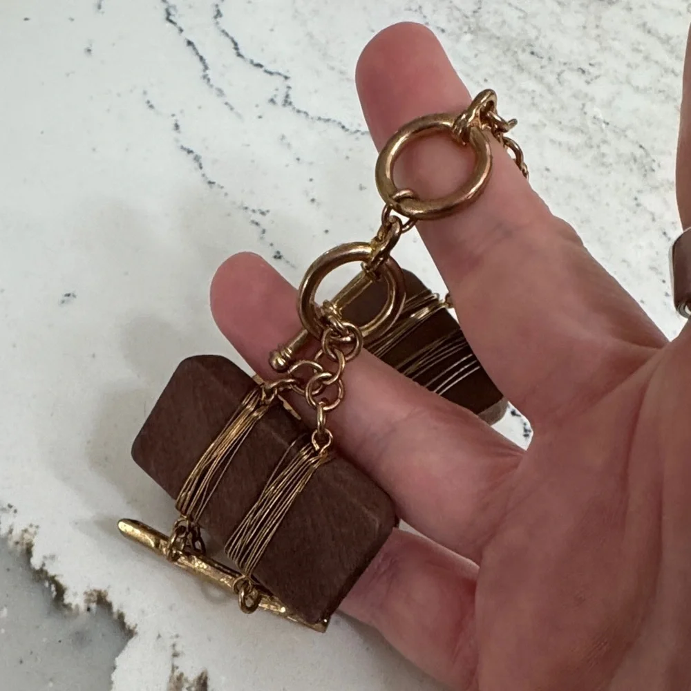 Handmade Brown Wood and Gold Wrapped Bracelet